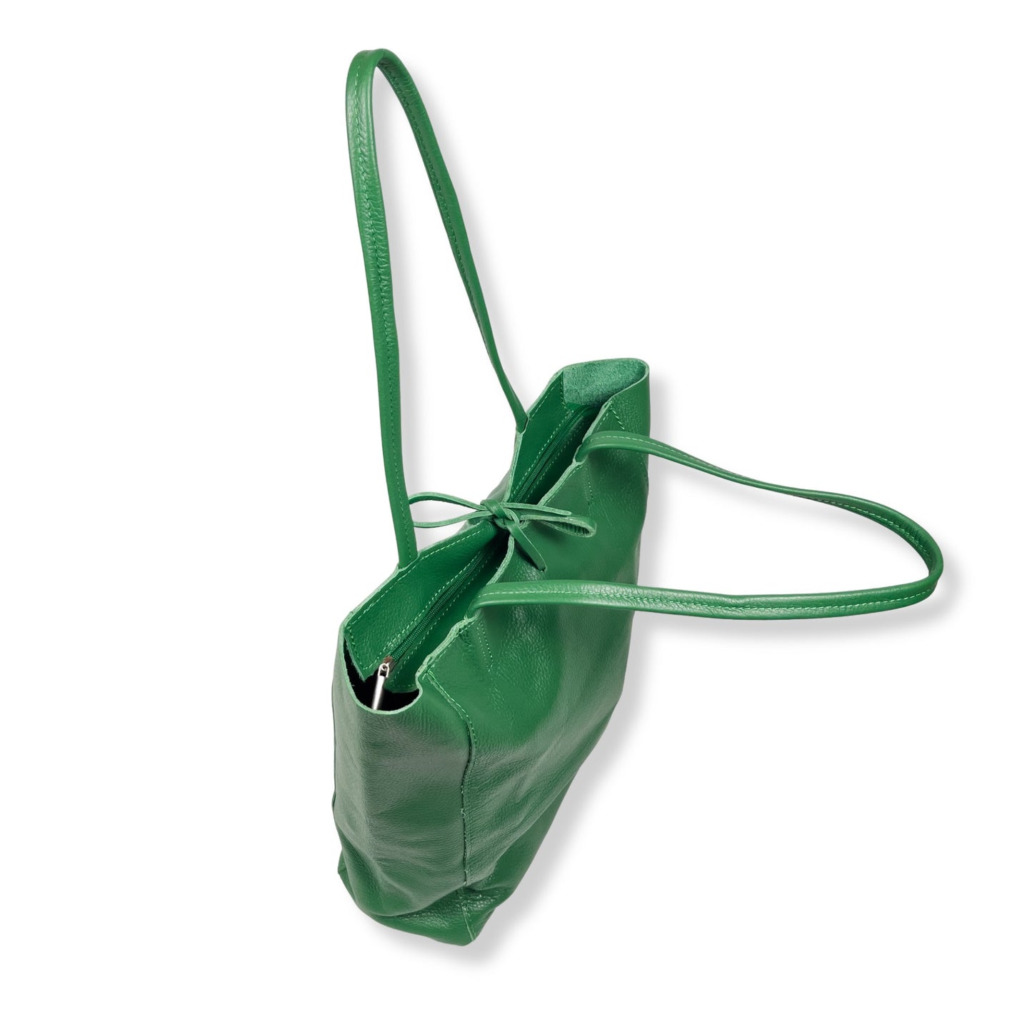 Tied top handle view of handcrafted green Italian leather tote bag