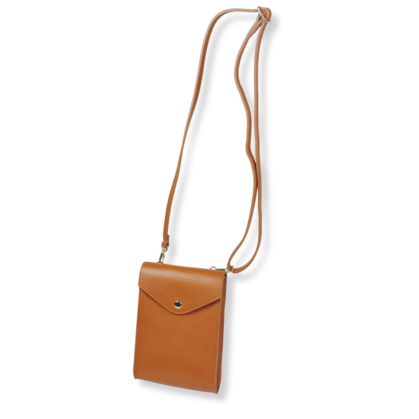 Dark Tan real leather crossbody bag laid flat showing full adjustable strap
