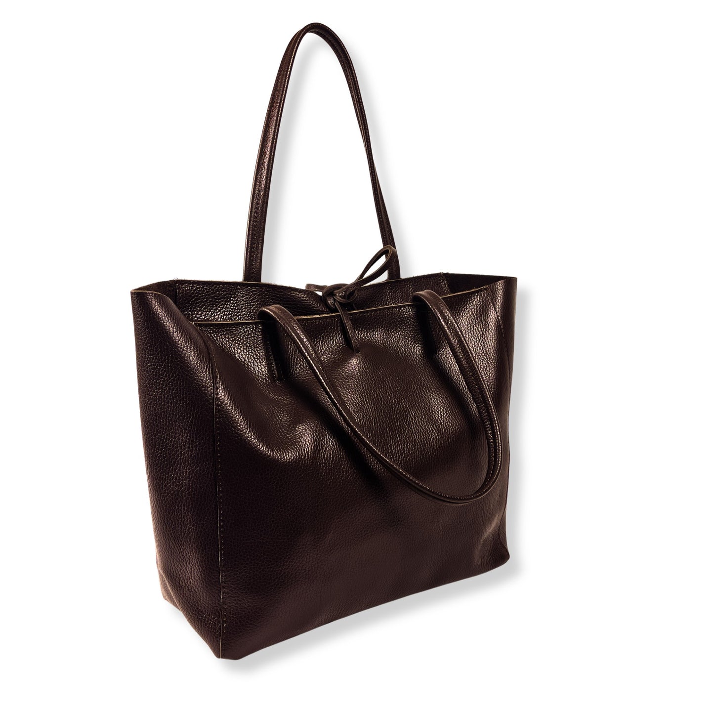Angled view of dark chocolate Italian leather tote bag showing hardware and shape