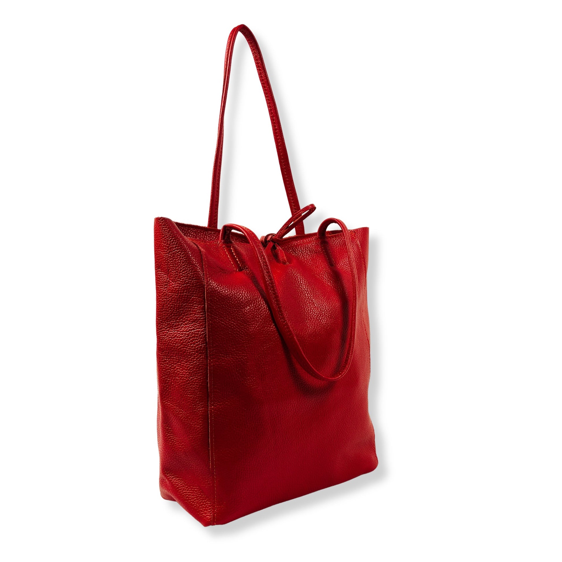 Back view of red real Italian leather tote bag with neat seams and minimalist styling.
