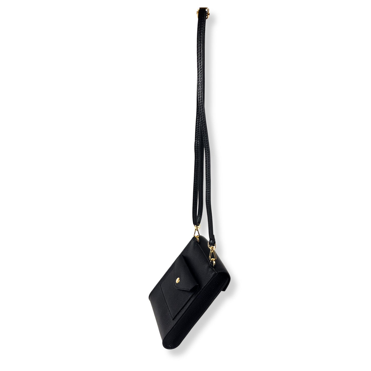 Black real leather cross body bag angled view showing front and side strap detail
