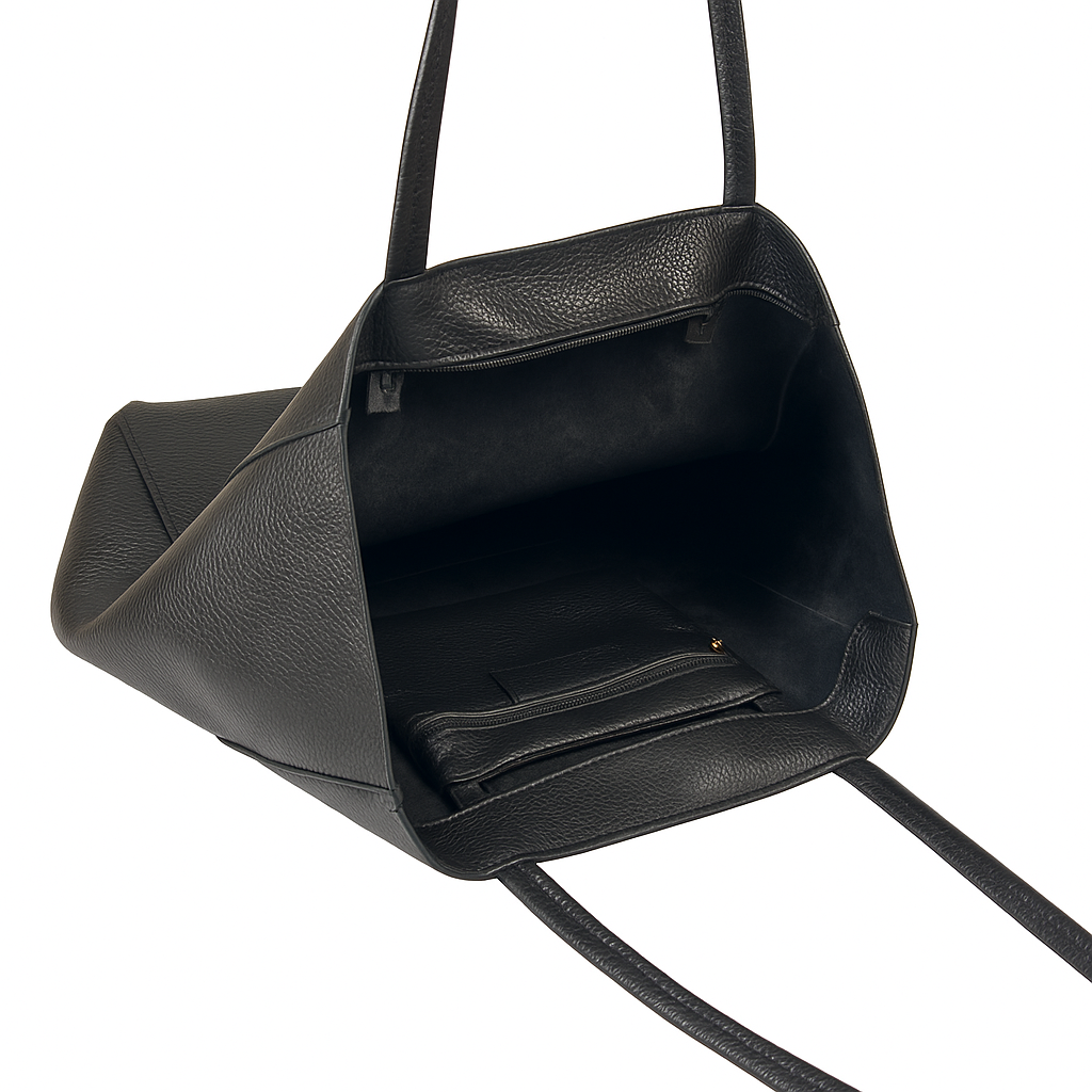 Interior of black Italian leather tote bag with zip pocket and unlined natural finish