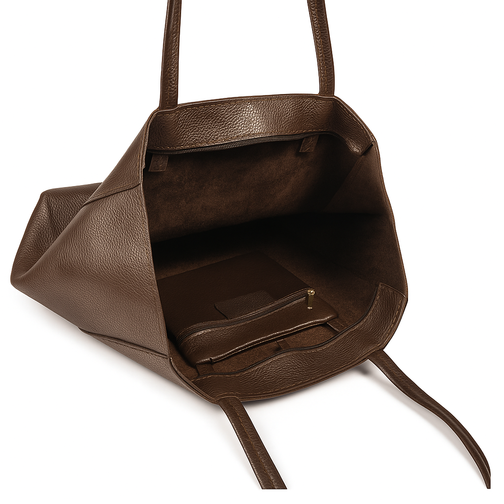 Interior detail of dark chocolate leather tote showing pocket and unlined leather