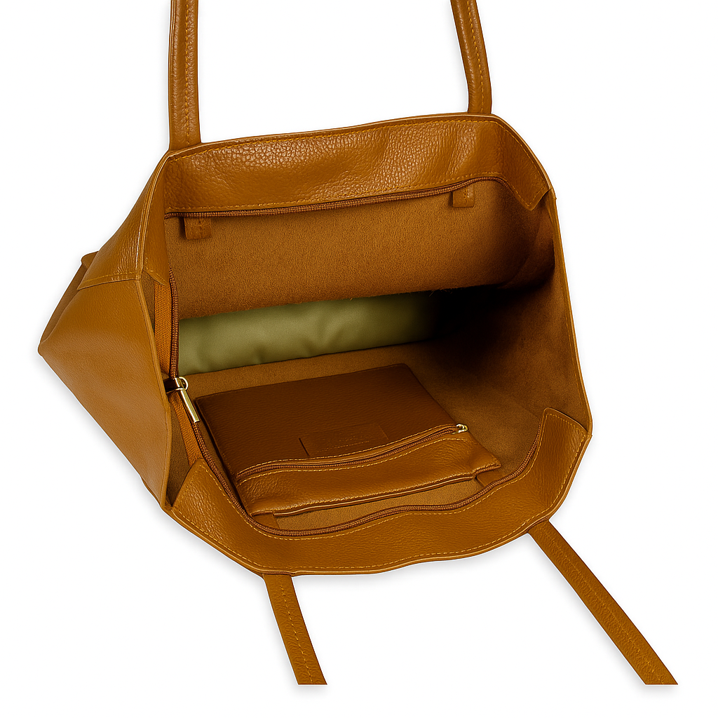Interior overview highlighting texture and tone of dark-tan leather tote bag.