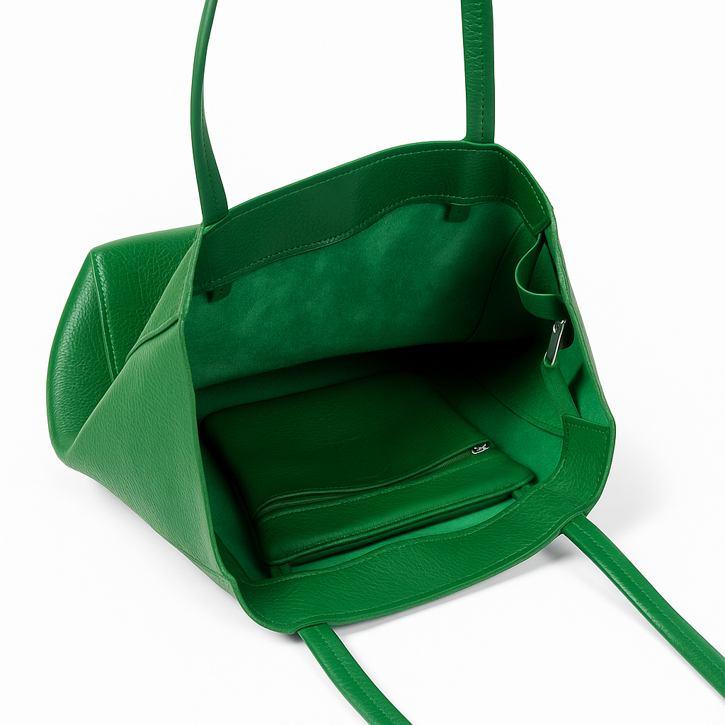 Interior of green real leather tote bag showing lining and inner pocket