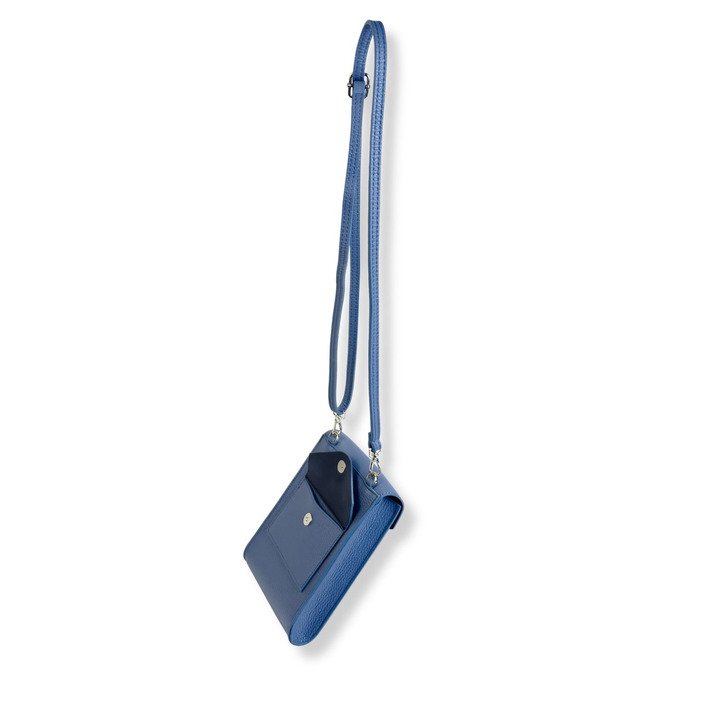 Denim blue leather phone bag side profile with strap attachment detail
