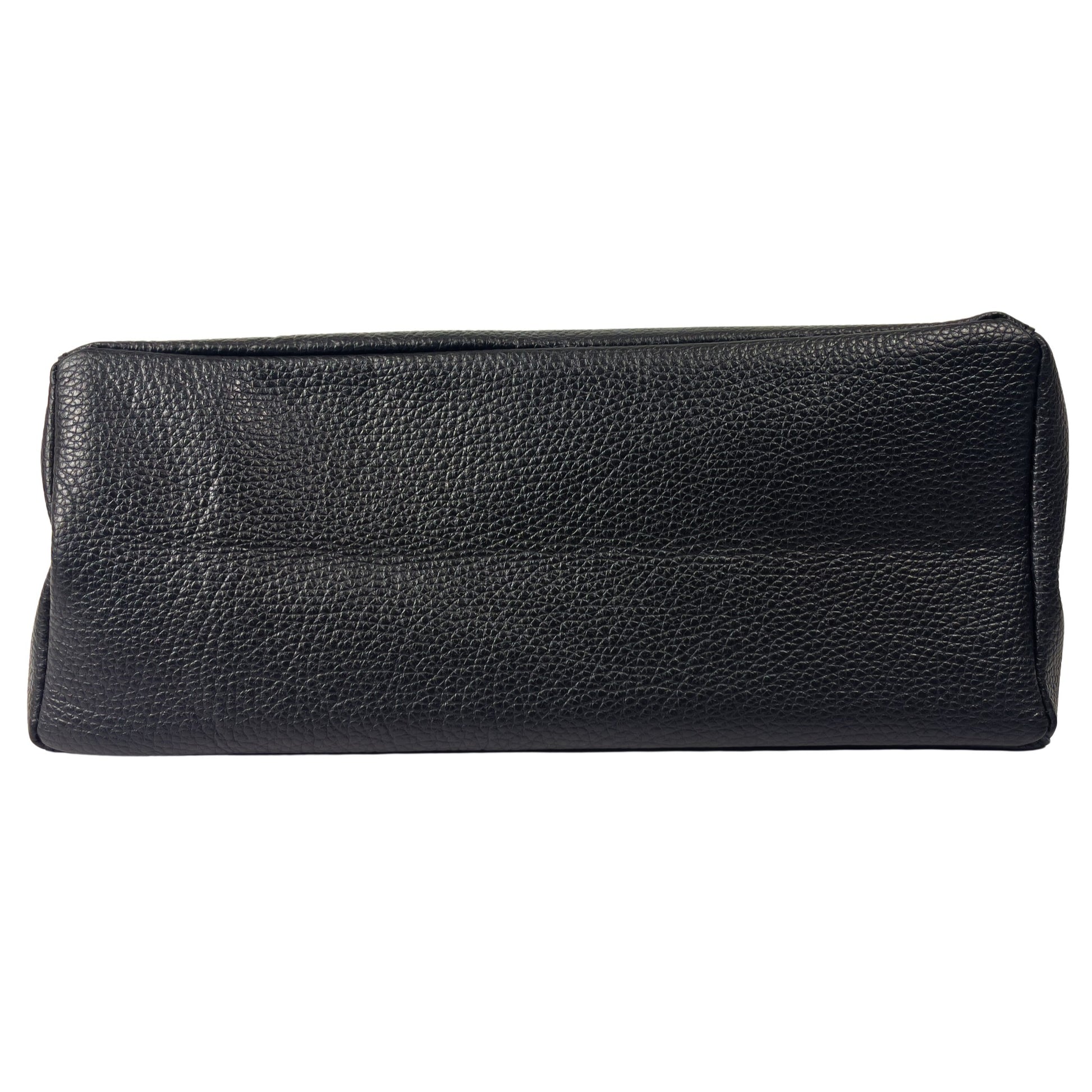 Bottom view of black Italian leather tote bag showing stitching and structured base