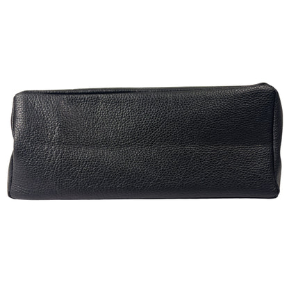 Bottom view of black Italian leather tote bag showing stitching and structured base