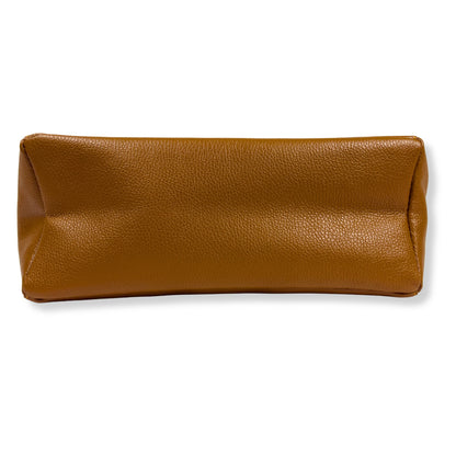 Bottom view highlighting texture and tone of dark-tan leather tote bag.