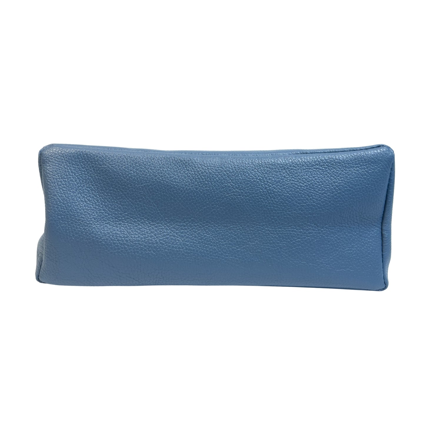 Base view of denim blue real leather tote bag showing detailed stitching and reinforced base seams.