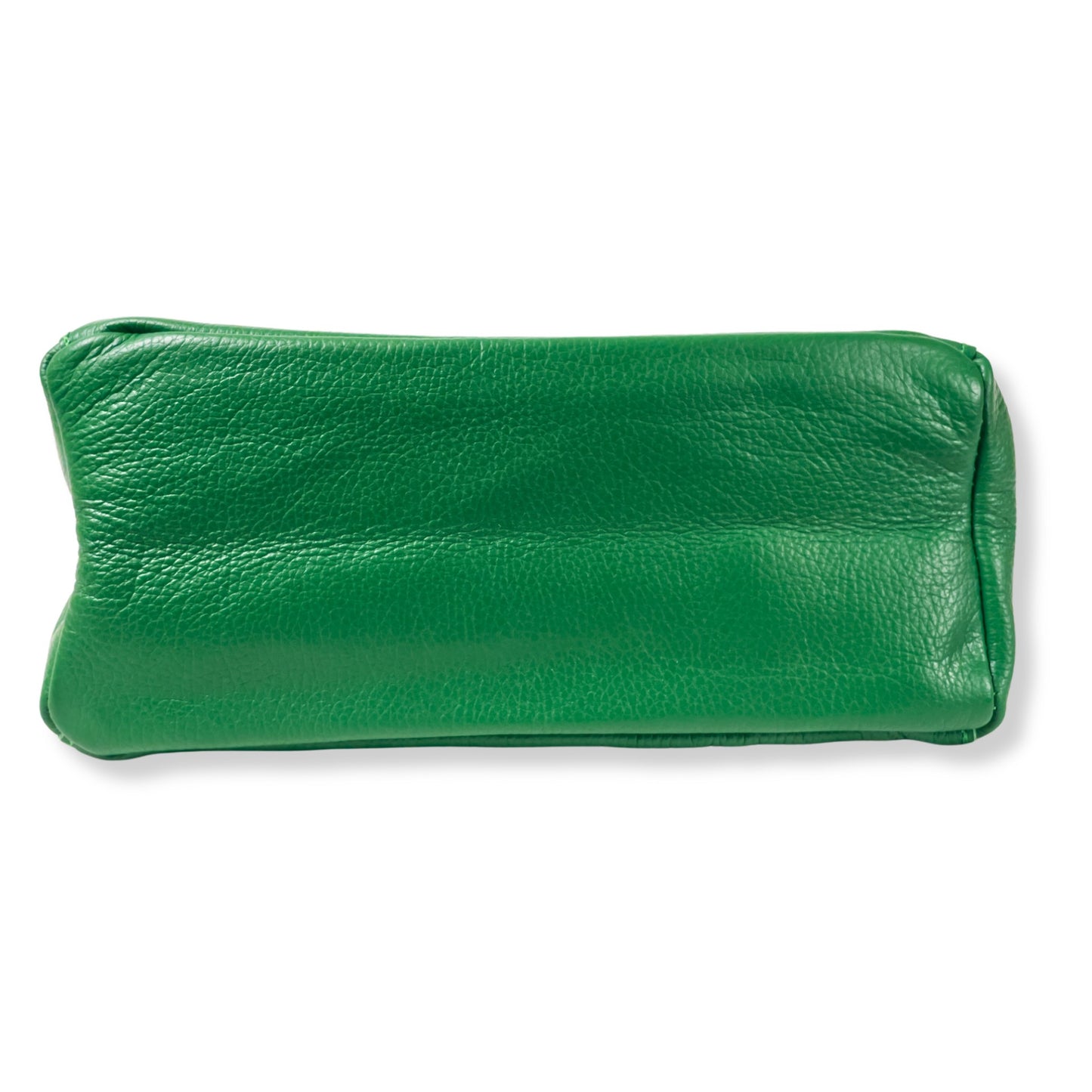 Bottom view of green Italian leather tote bag showing durable stitched base
