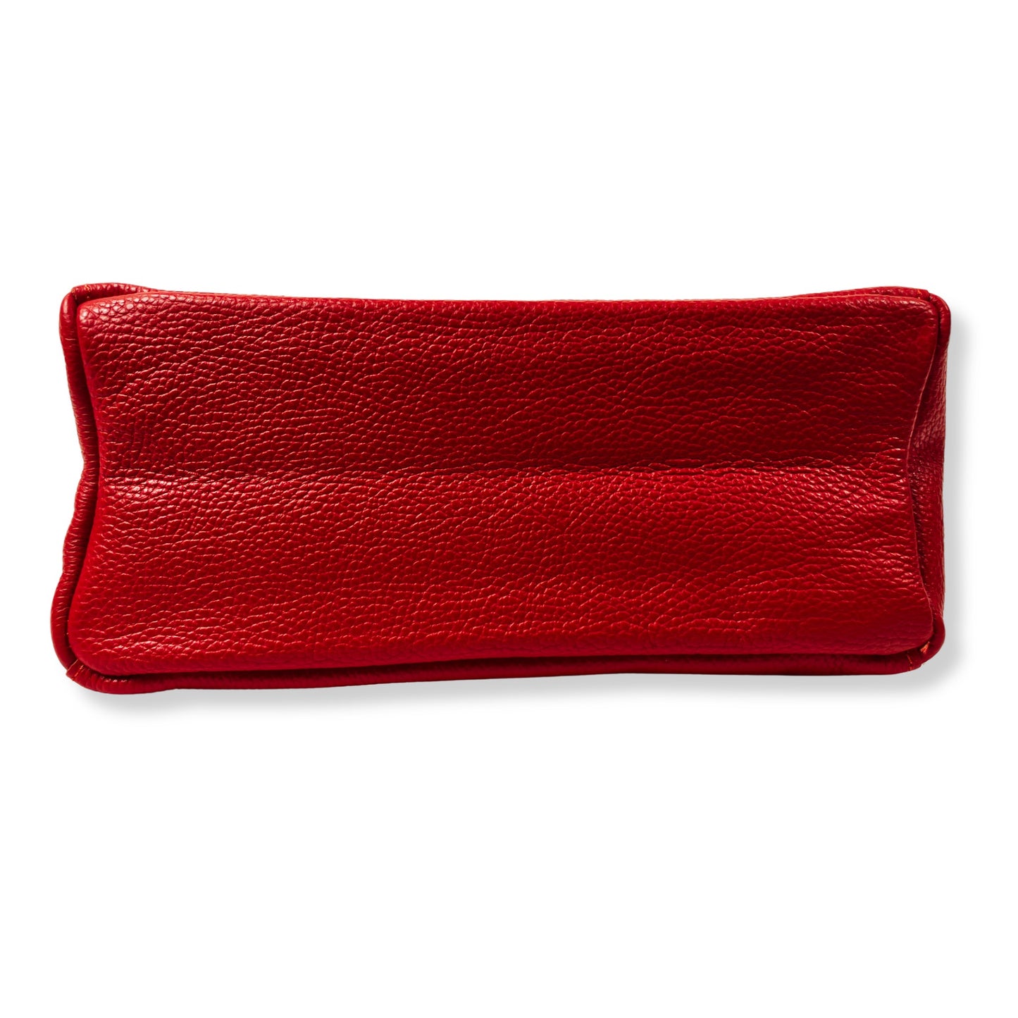 Bottom view of green Italian leather tote bag showing durable stitched base
