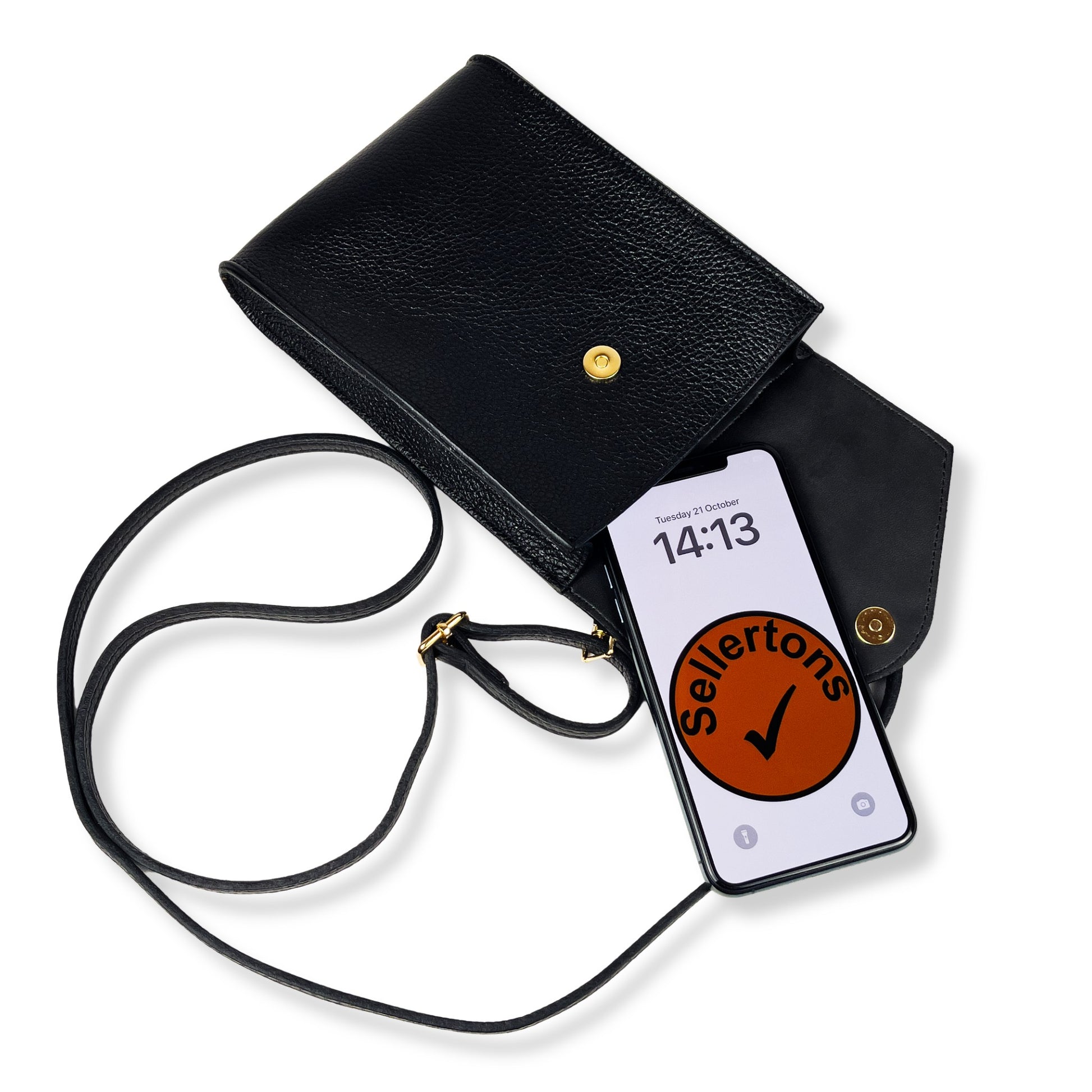 Black real leather crossbody bag open flat with mobile phone shown inside
