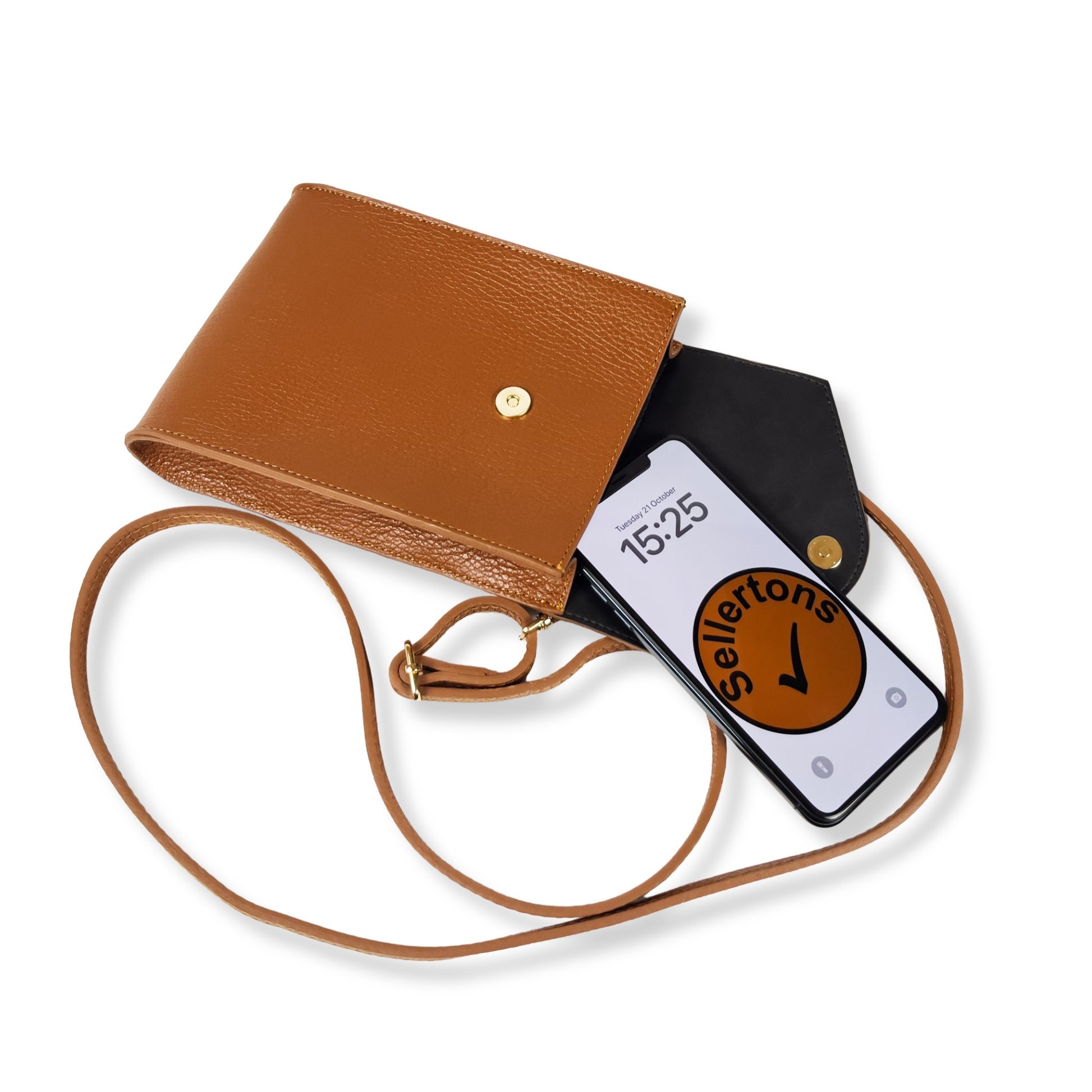 Dark Tan real leather purse open flat with mobile phone shown inside
