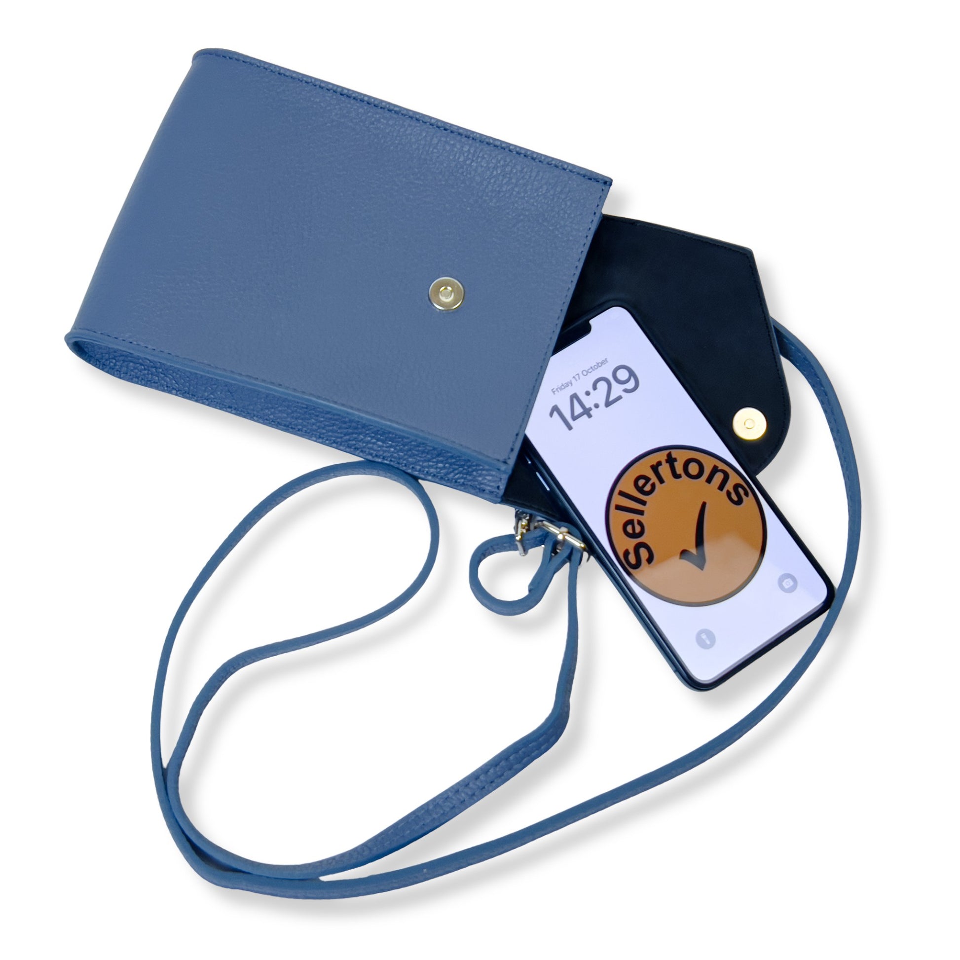 Denim blue real leather purse open flat with mobile phone shown inside
