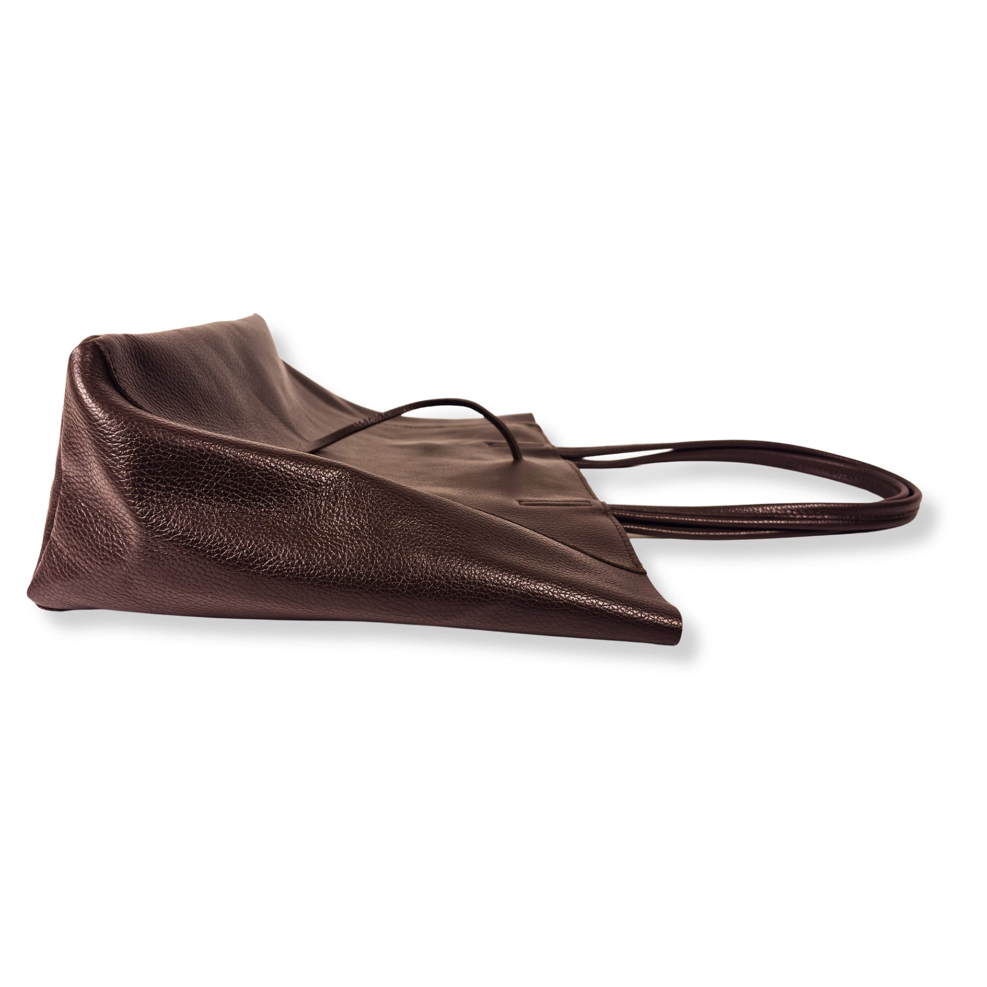 Side view of dark chocolate full-grain leather tote with double handles