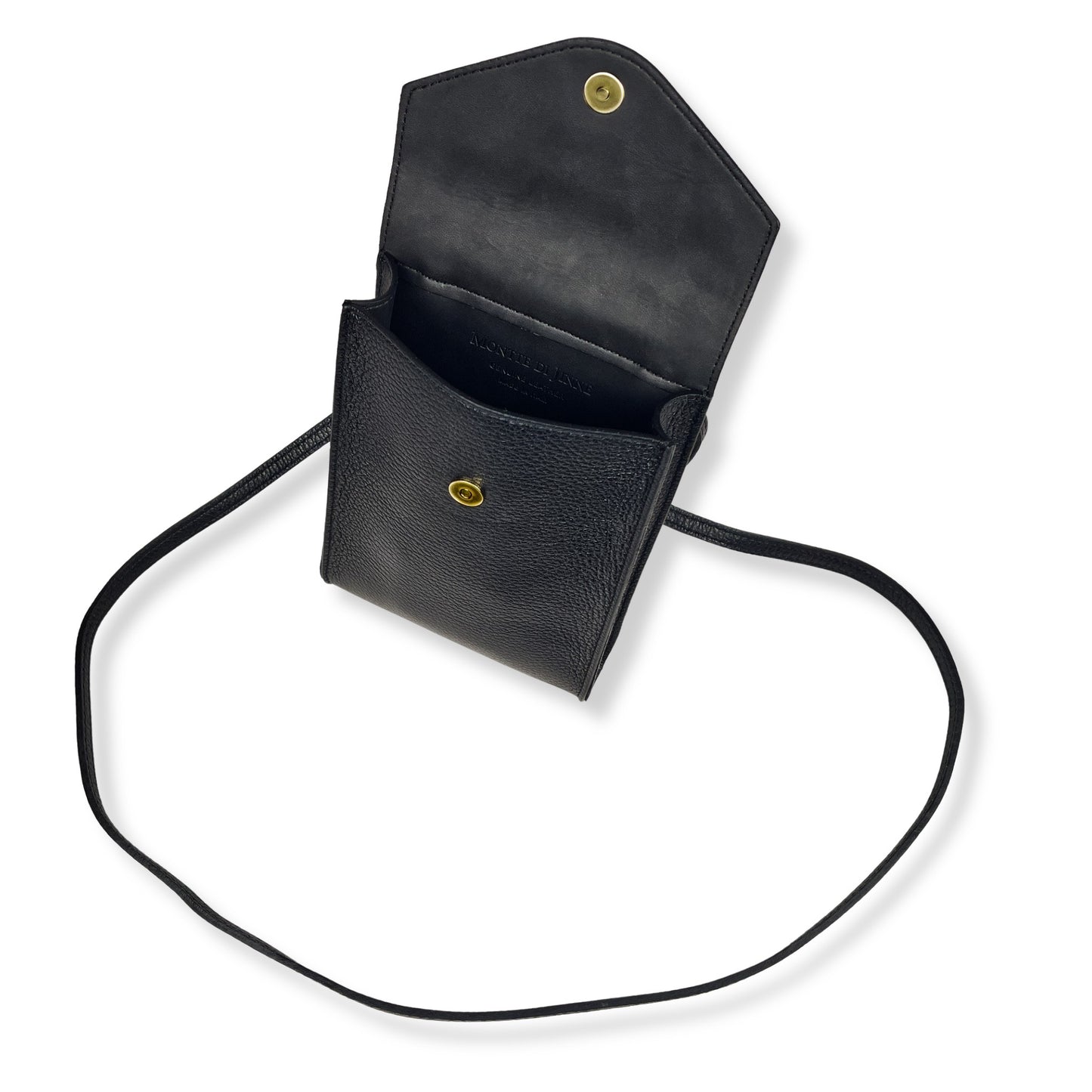 Black real leather mobile phone crossbody bag upright with flap open
