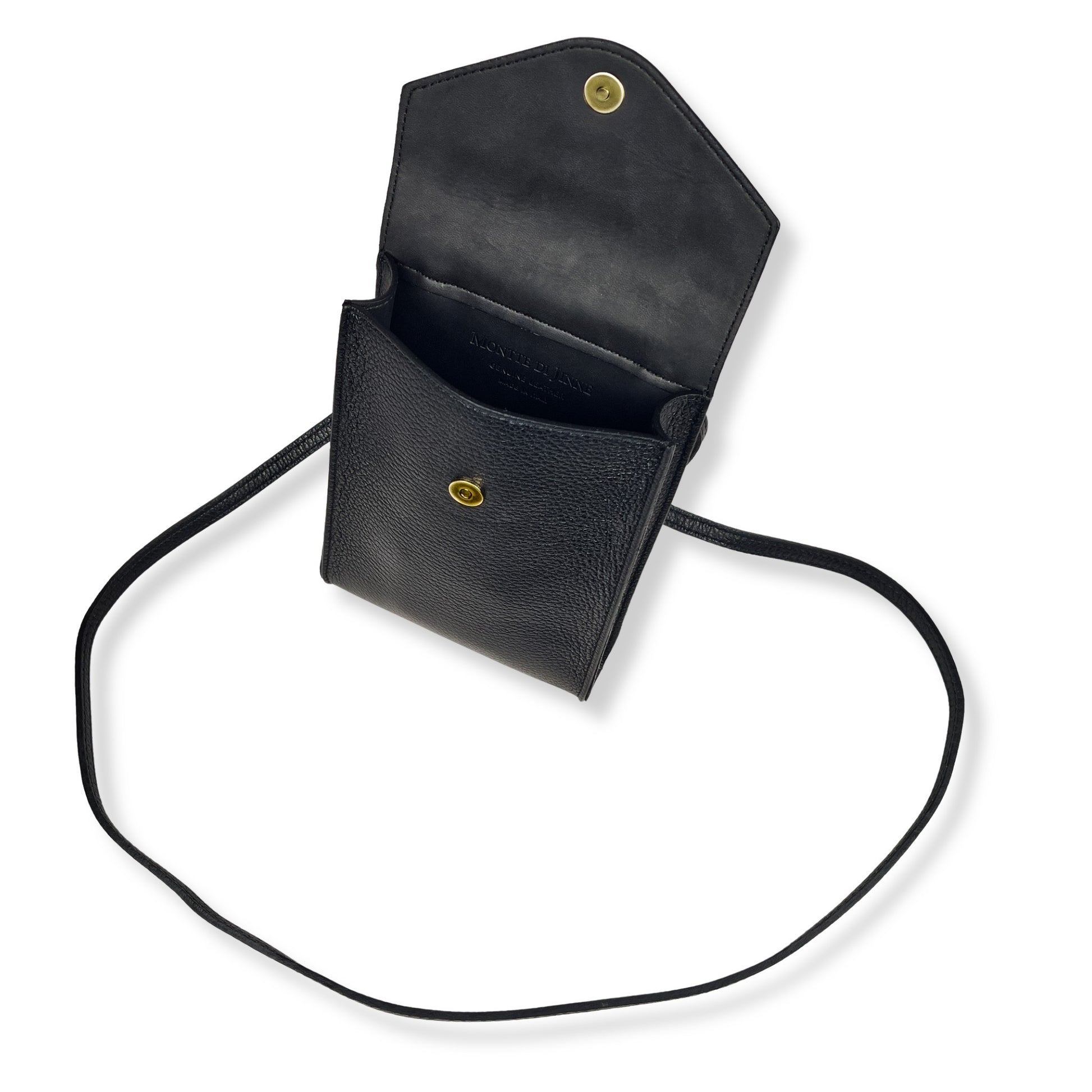 Black real leather mobile phone crossbody bag upright with flap open
