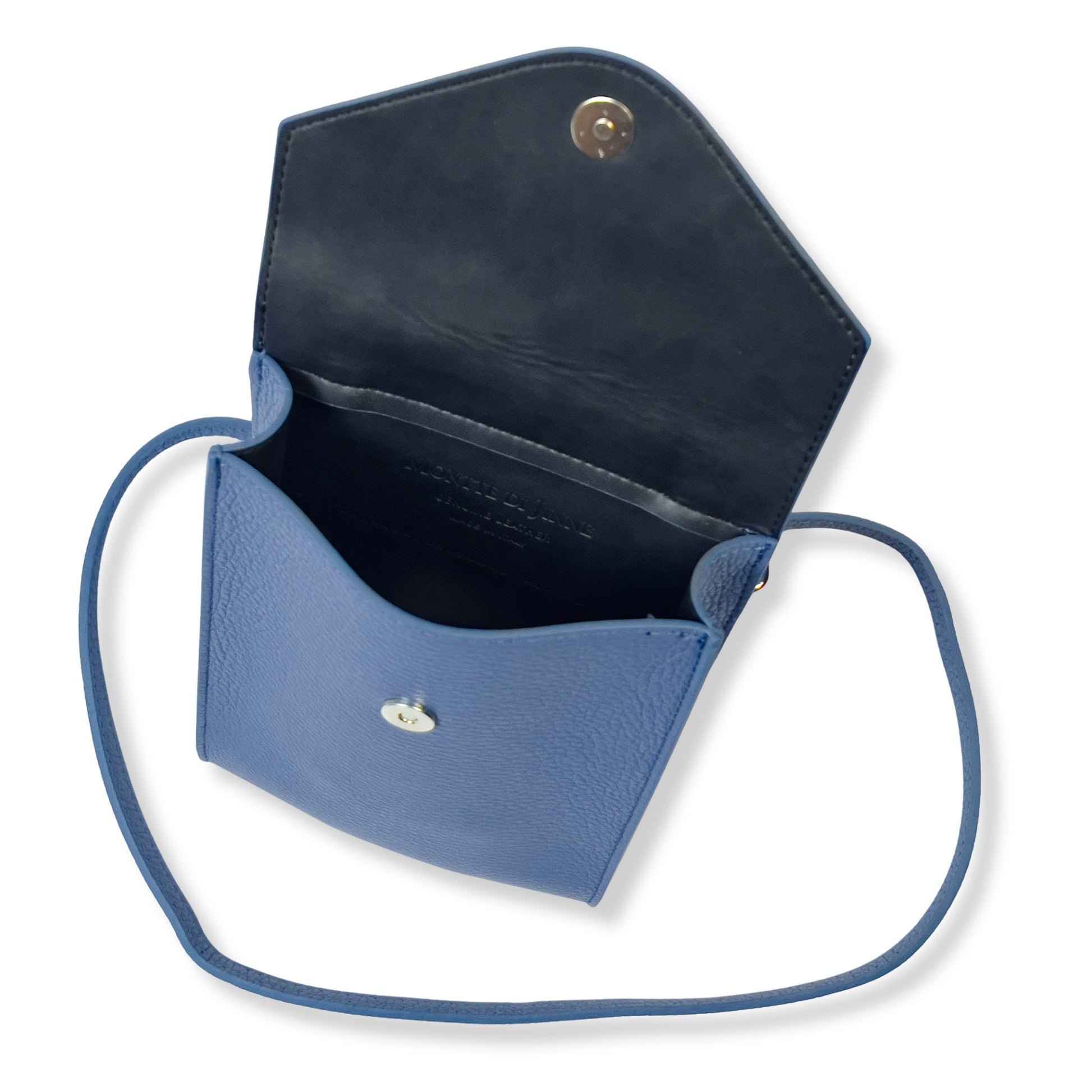 Denim blue leather mobile purse upright with flap open
