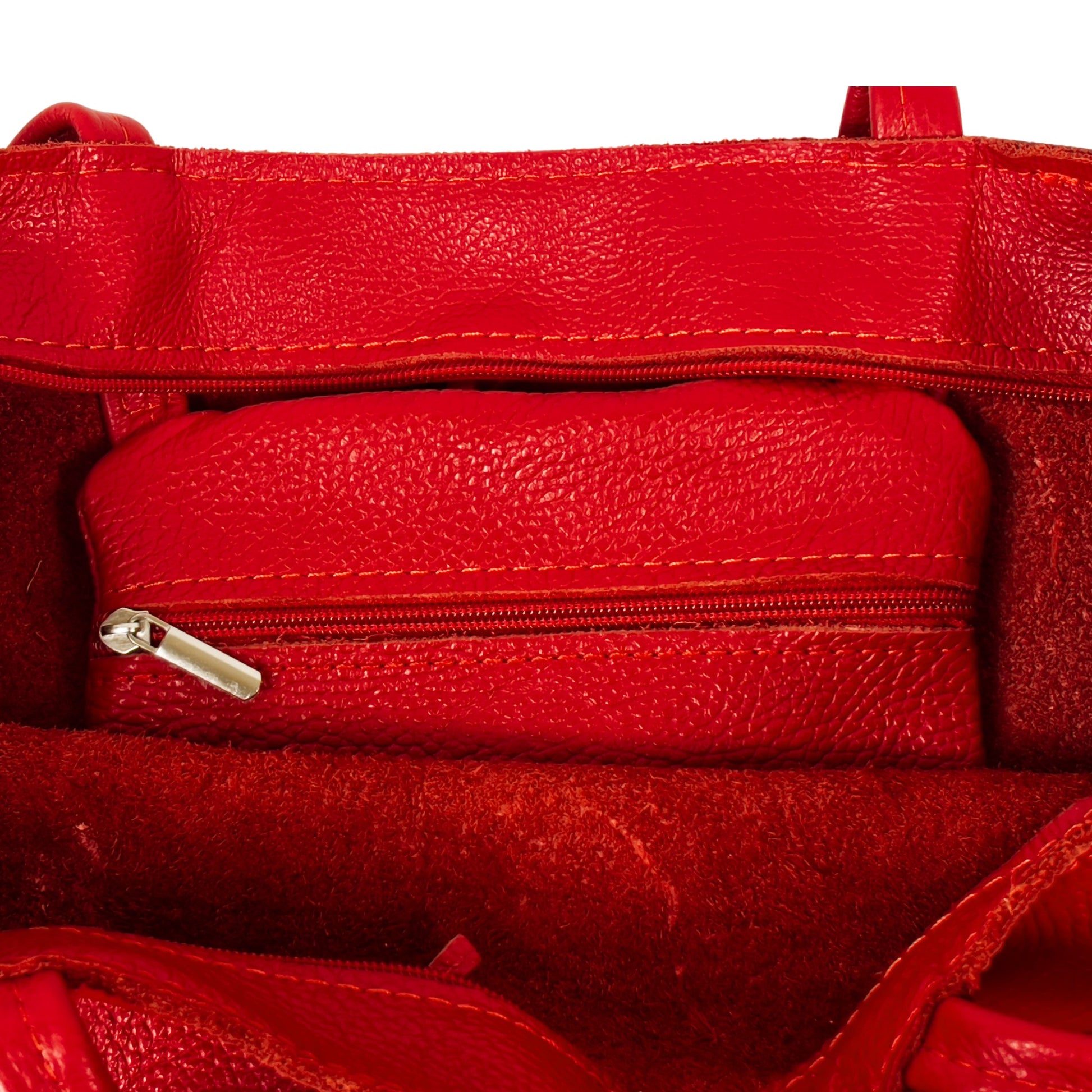 Internal image of red real Italian leather tote bag.