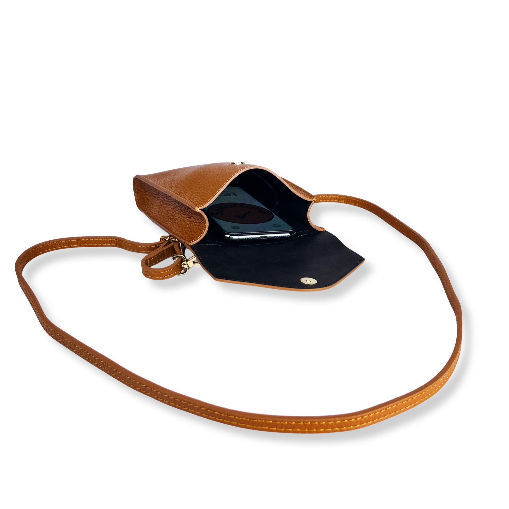 Dark Tan phone bag flat view with phone inside
