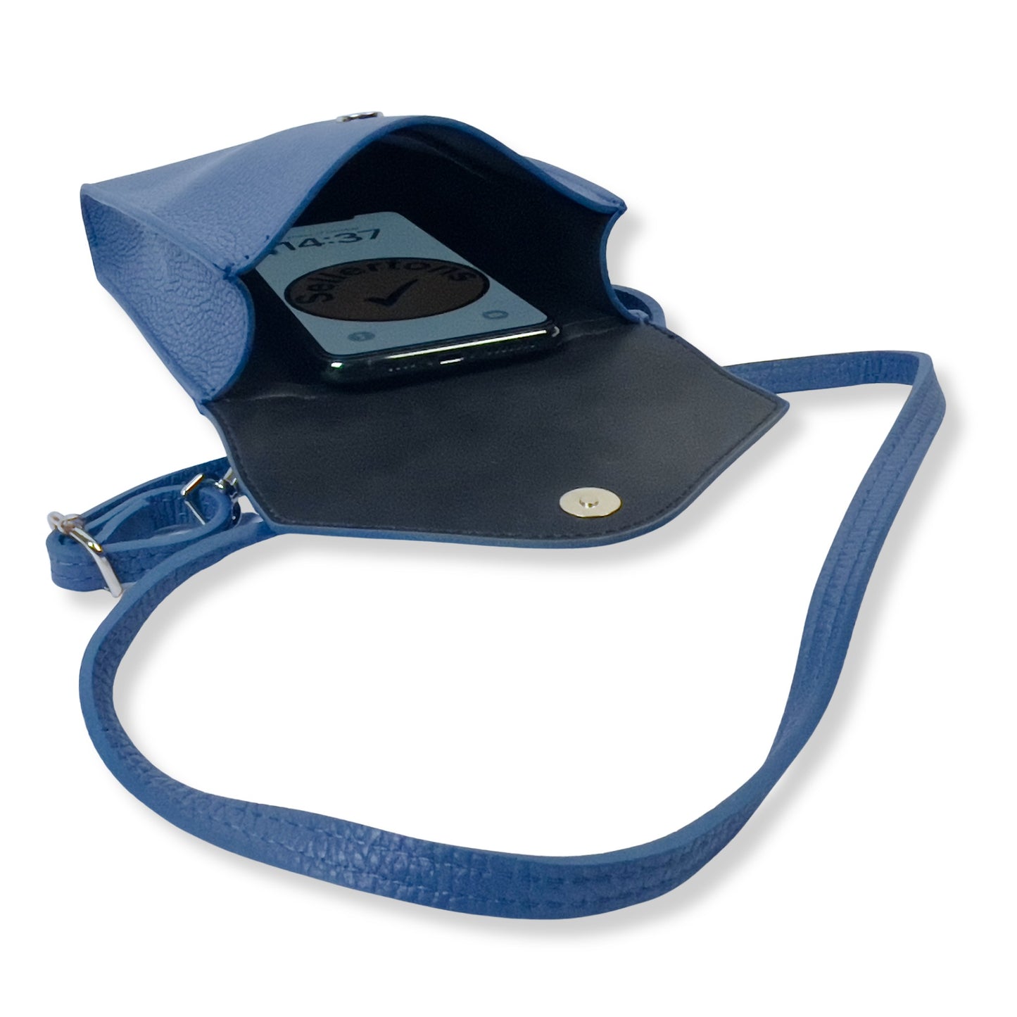 Denim blue real leather purse flat open interior with phone visible
