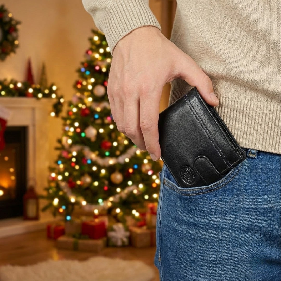 Black and navy RFID-protected leather wallet held outdoors in hand, showing scale and casual everyday use