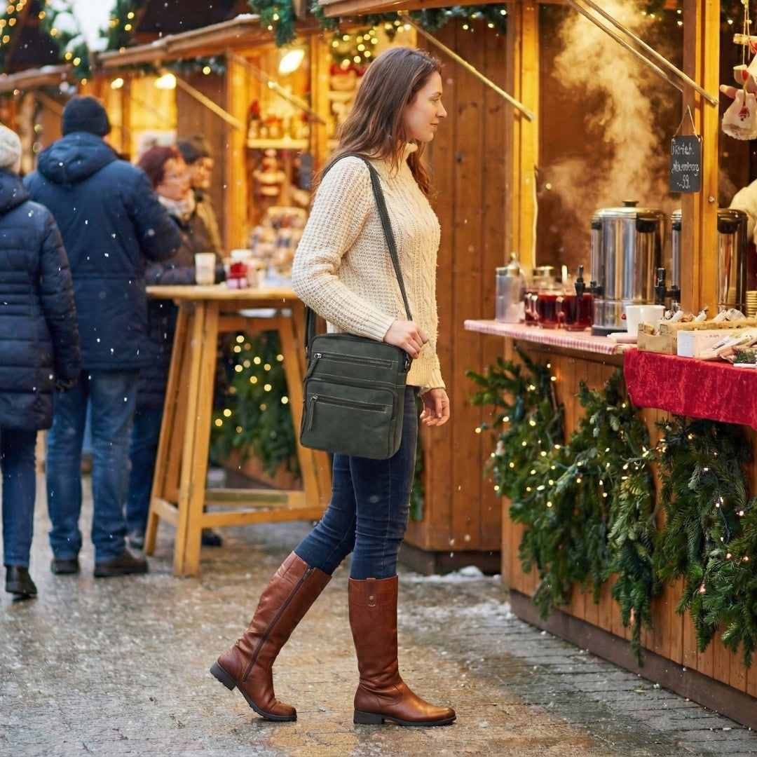 Street-style outfit paired with the black and grey hunter leather crossbody bag in a warm festive evening setting