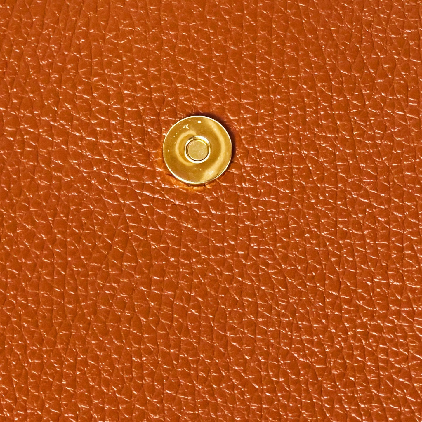 Flat view of dark tan leather phone bag with magnetic clasp neutral background
