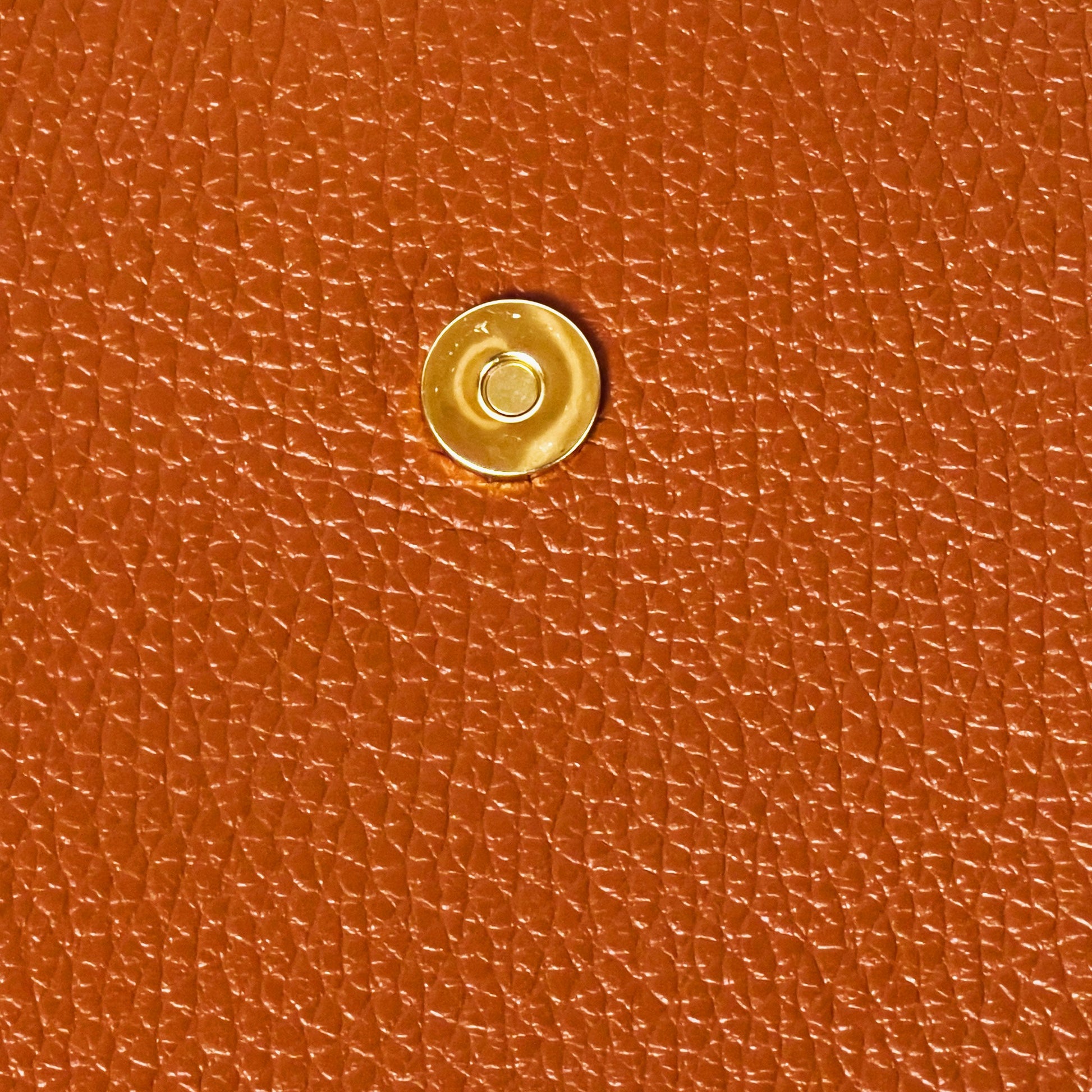 Flat view of dark tan leather phone bag with magnetic clasp neutral background
