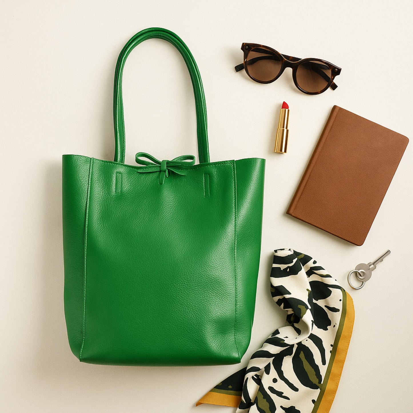 Green real leather tote bag, Lifestyle with accessories.