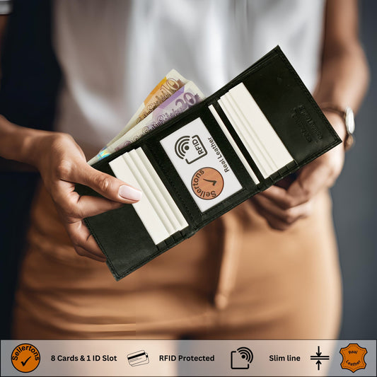 Open black leather bifold wallet with 8 card slots, ID window, and note compartment, RFID-blocking for security.