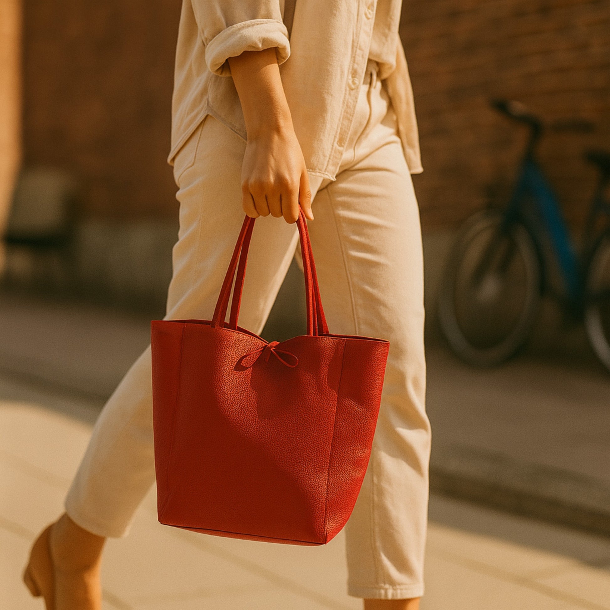 Red real leather tote bag, lifestyle on street red tote bag in hand.