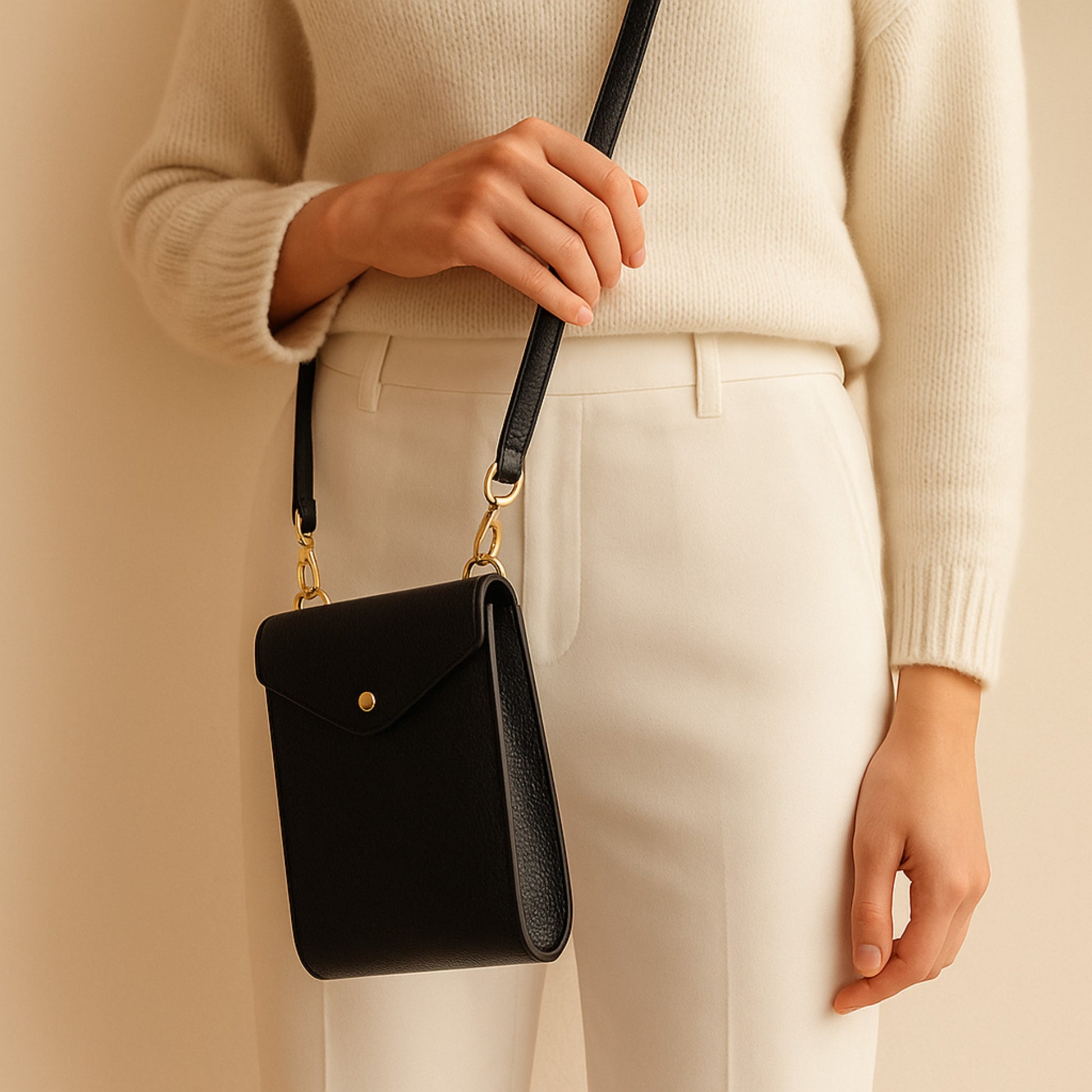 Black real leather crossbody bag worn at waist level over cream outfit.