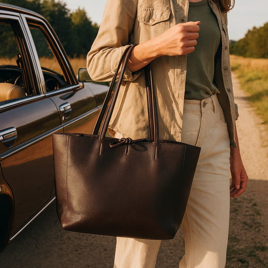 Dark chocolate full-grain leather tote bag carried on arm, lifestyle front view.
