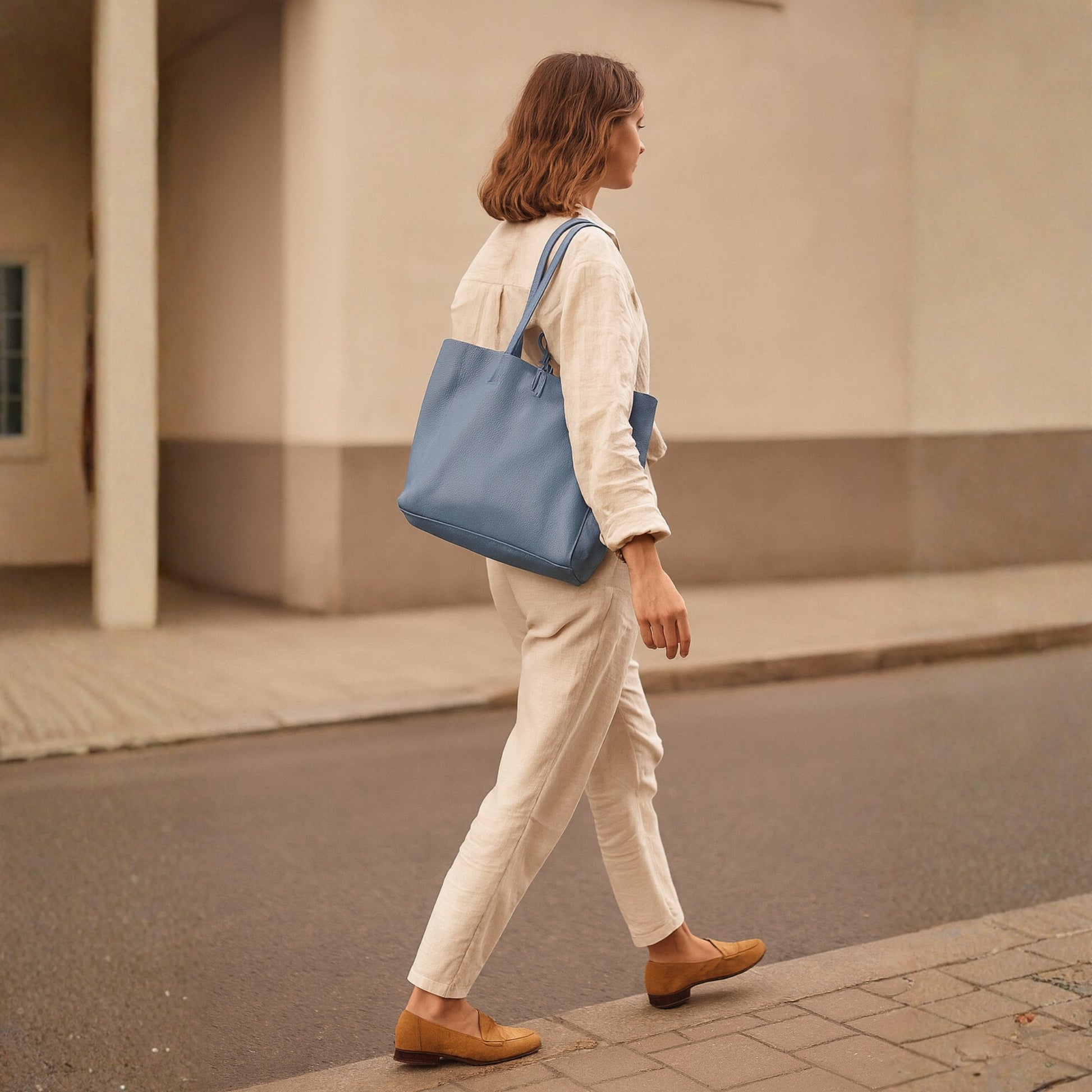 Denim blue real leather tote bag lifestyle street scene bag on shoulder real leather denim blue sellertons, showing craftsmanship and detail.