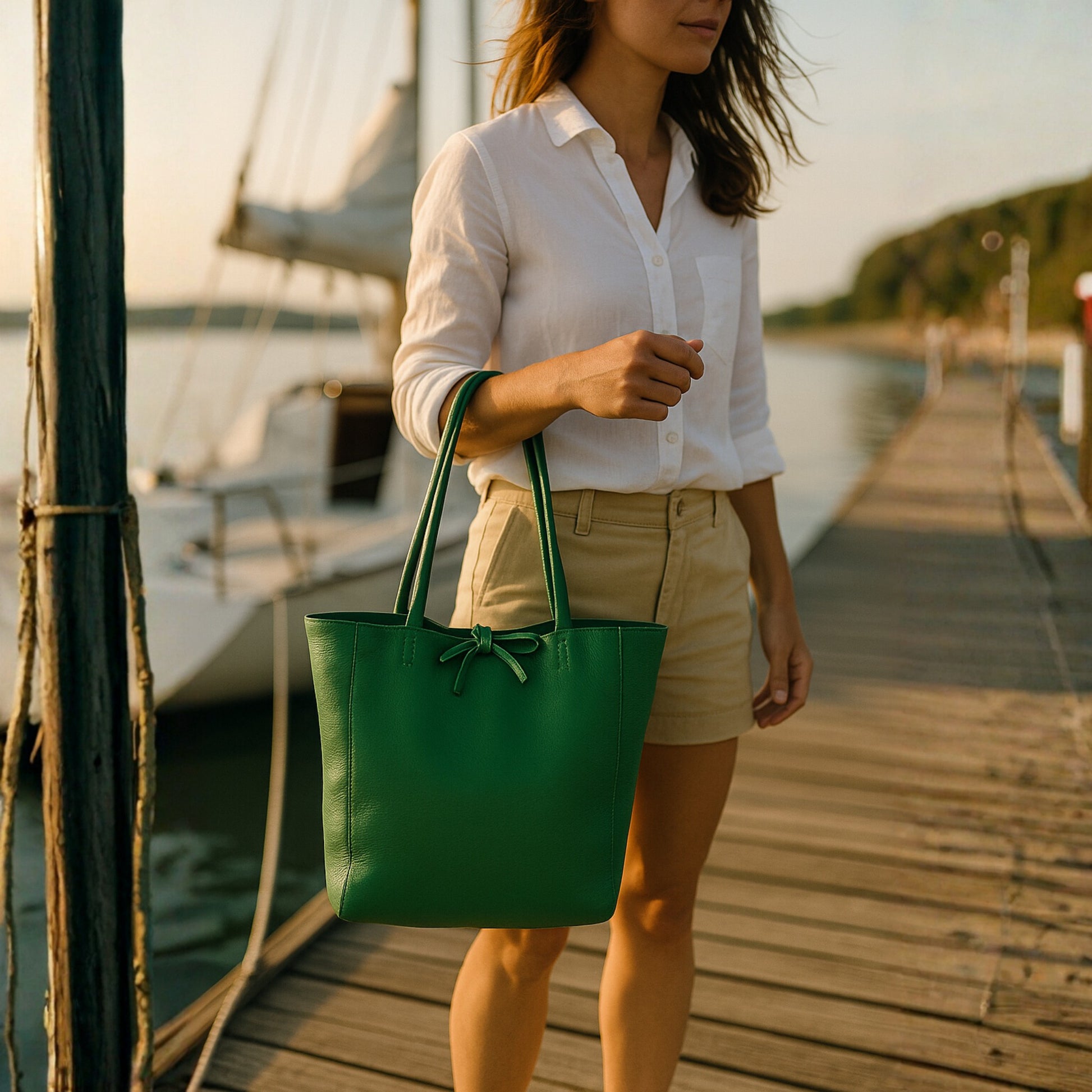 Green real leather tote bag,  on arm  marina scene.