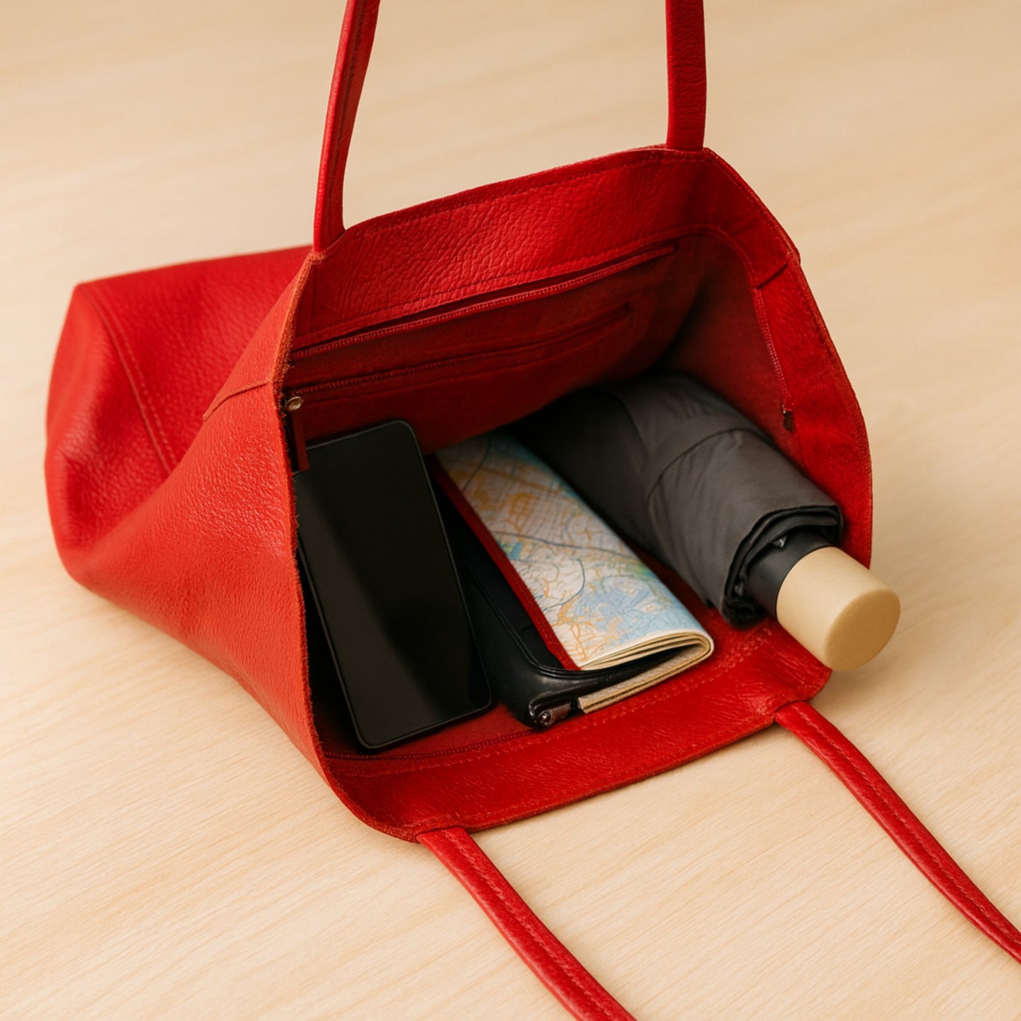 Red real leather tote bag, Red tote bag interior view showing accessories.