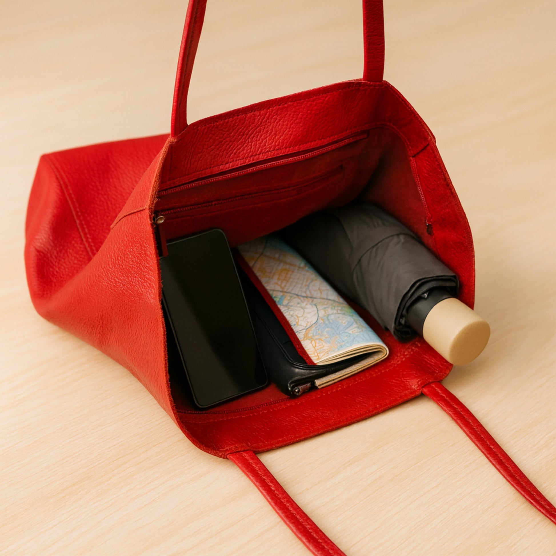 Red real leather tote bag, Red tote bag interior view showing accessories.