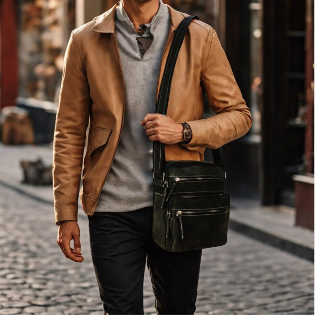 Unisex black and grey hunter leather crossbody bag styled for street fashion