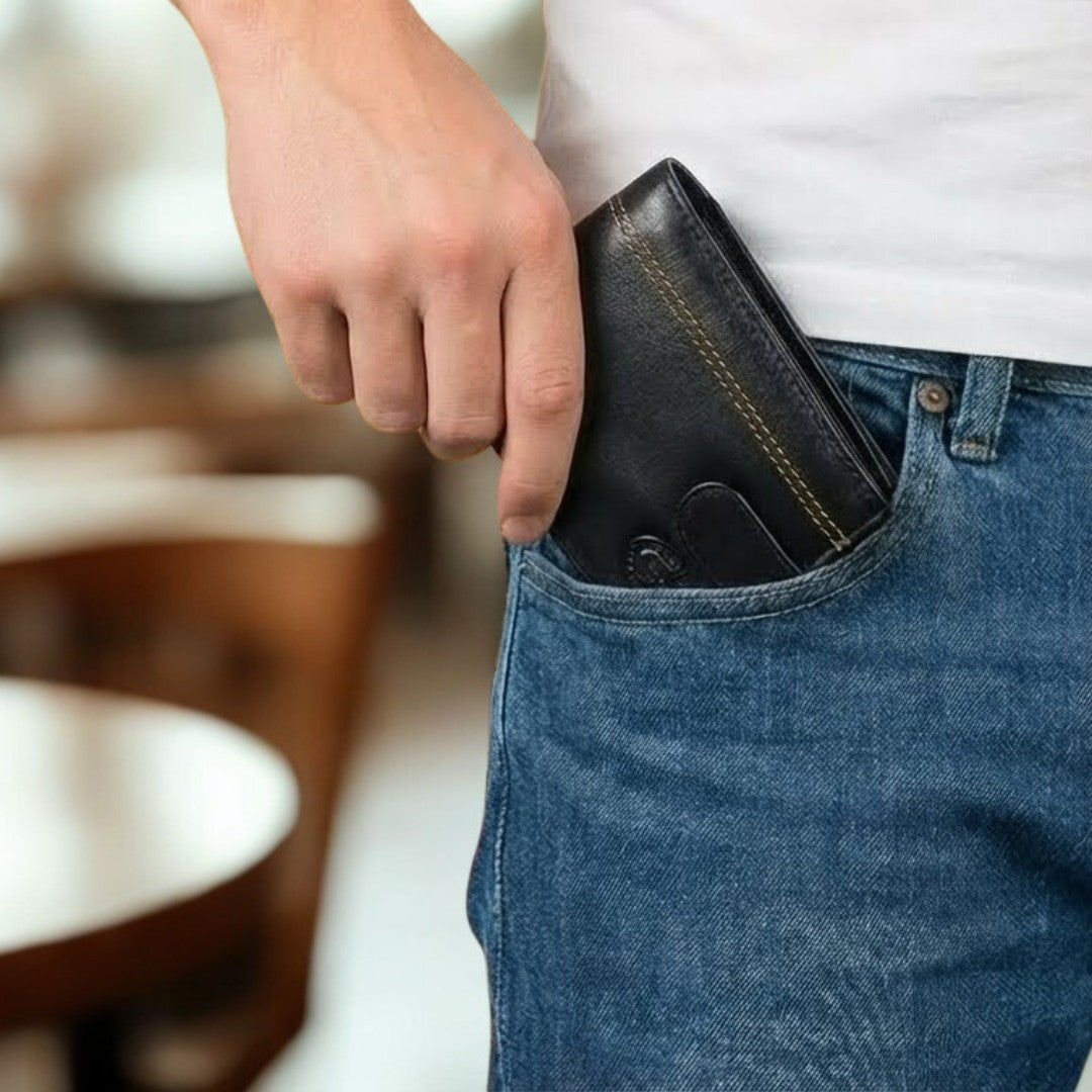 Black and tan RFID leather wallet partially visible in jeans pocket, showing slim profile and everyday carry practicality