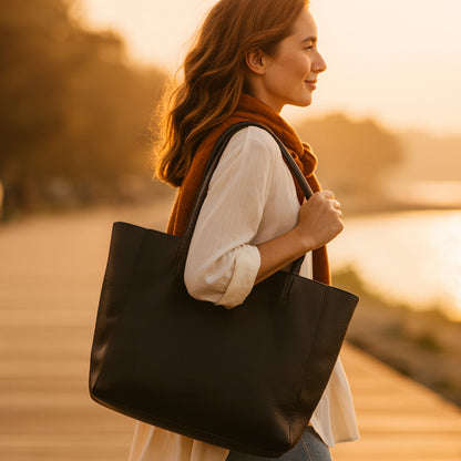 Black full grain leather tote on shoulder, side view with arm raised at sunset.