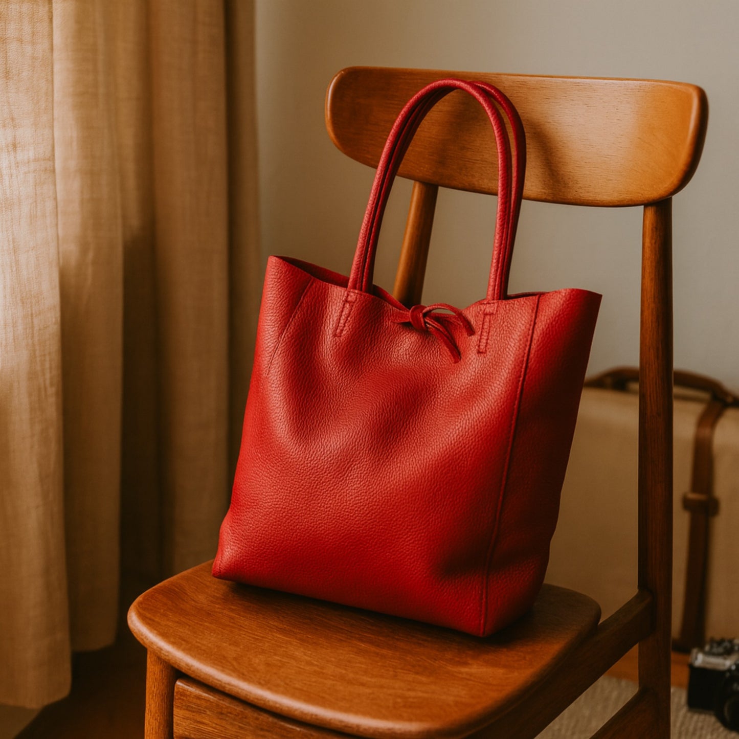 Red real leather tote bag, Red tote bag on chair.