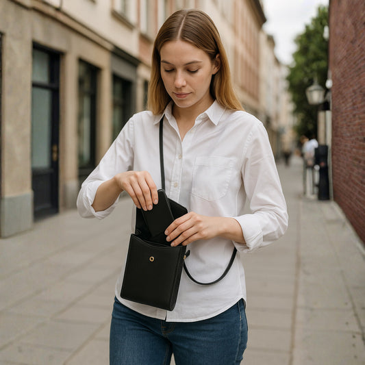 Black real leather crossbody bag shown with adjustable strap detail.