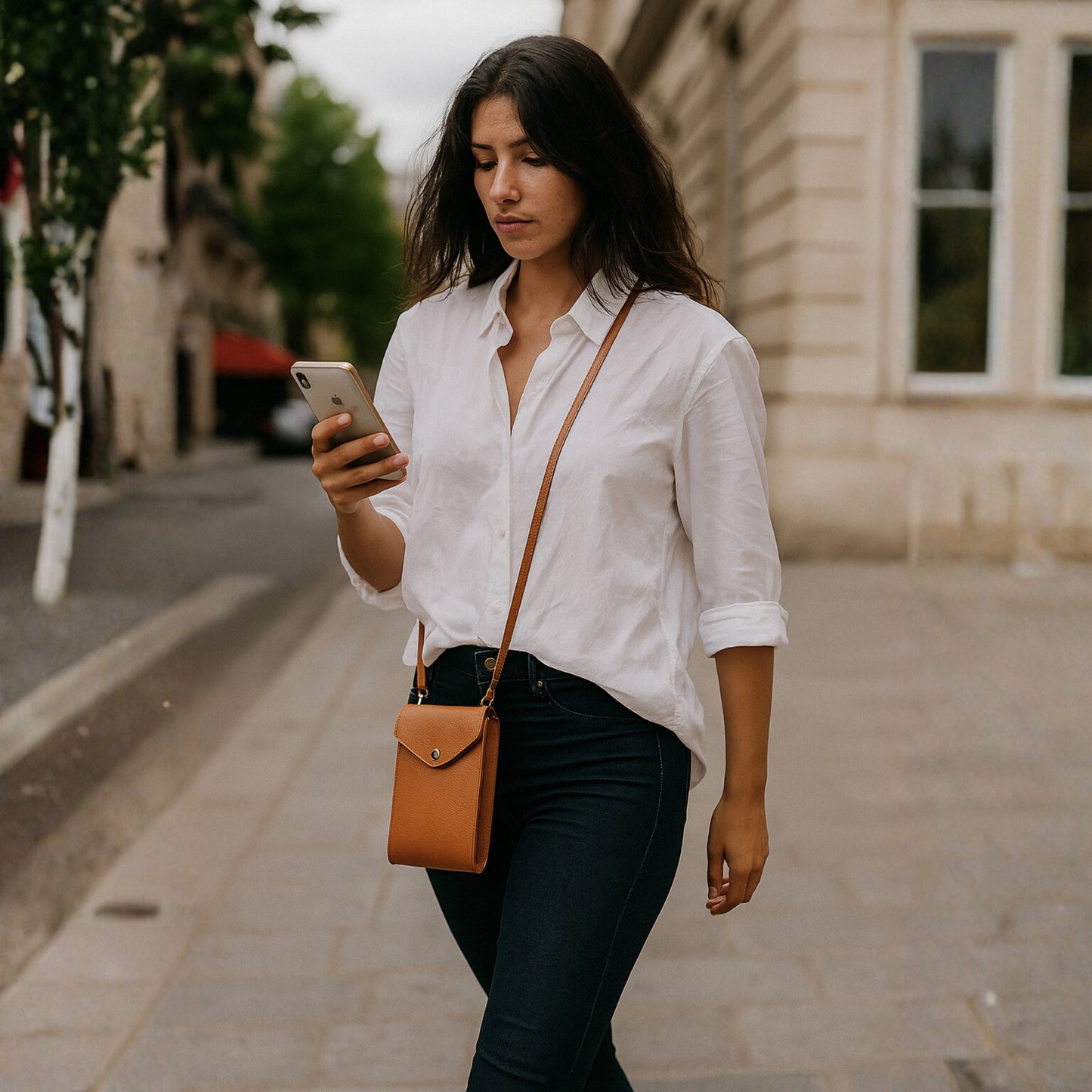 Dark tan real leather crossbody bag, street scene cross body profile.