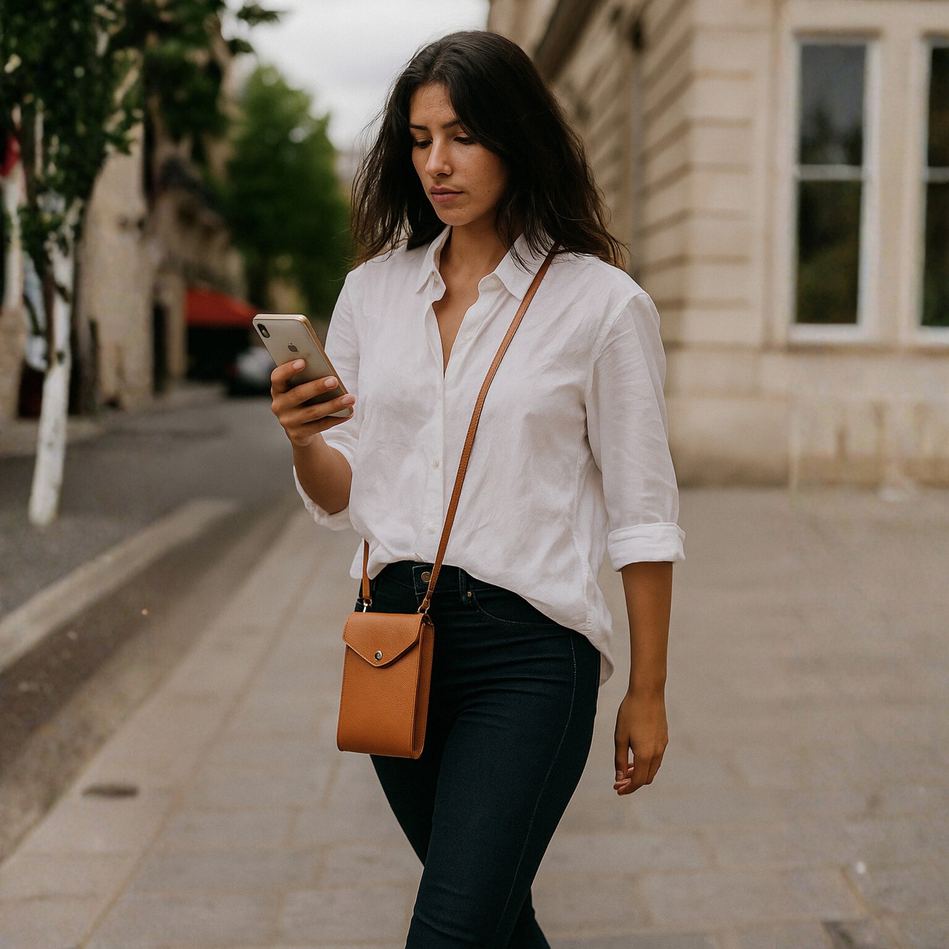 Dark tan real leather crossbody bag, street scene cross body profile.