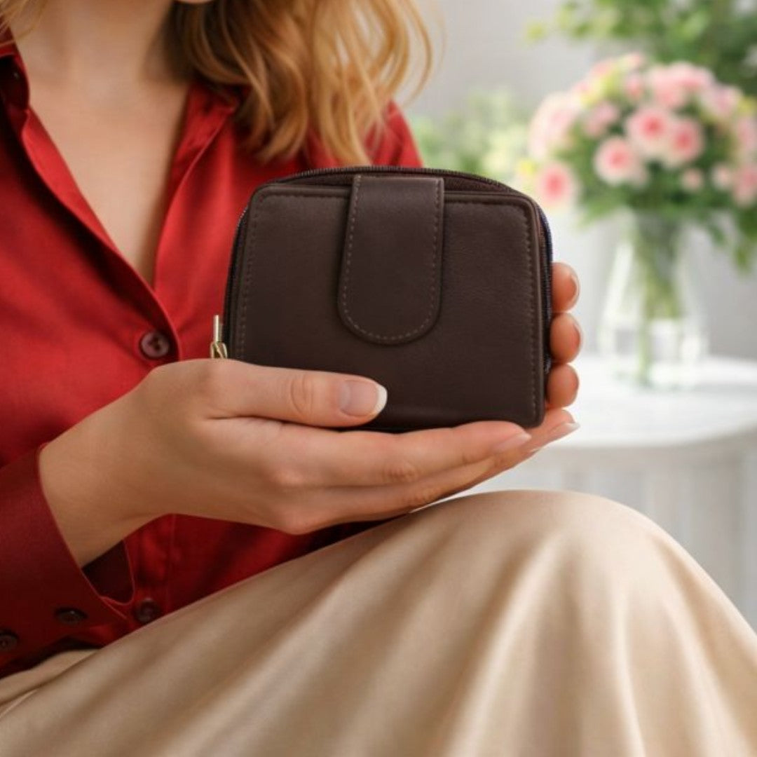 Woman holding a brown soft Nappa leather RFID purse indoors, showing compact size and elegant everyday use
