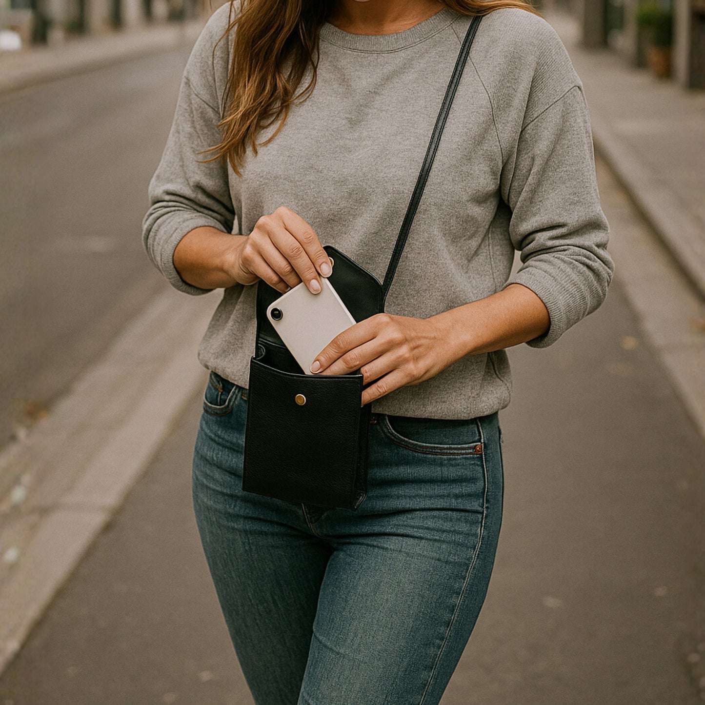 Black real leather crossbody bag worn diagonally across the body in street setting.