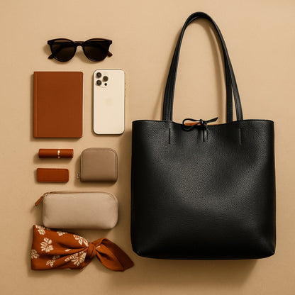 Black full grain leather tote in flat lay with sunglasses, phone, notebook, and pouches.