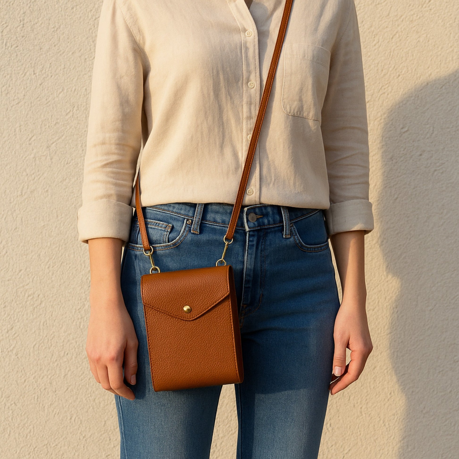 Dark tan real leather crossbody bag, lifestyle standing crossbody shot.